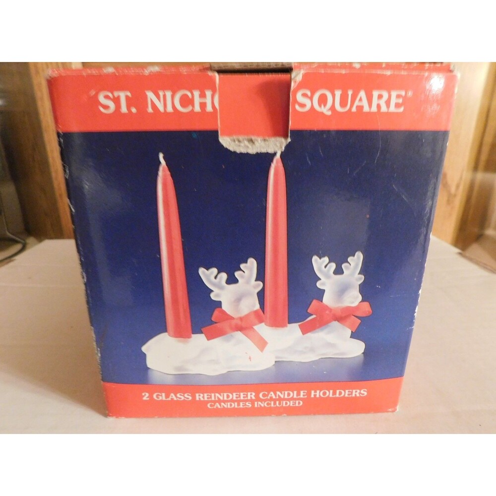 St. Nicholas Square Frosted Glass Reindeer Candle Holders With Candles Set of 2